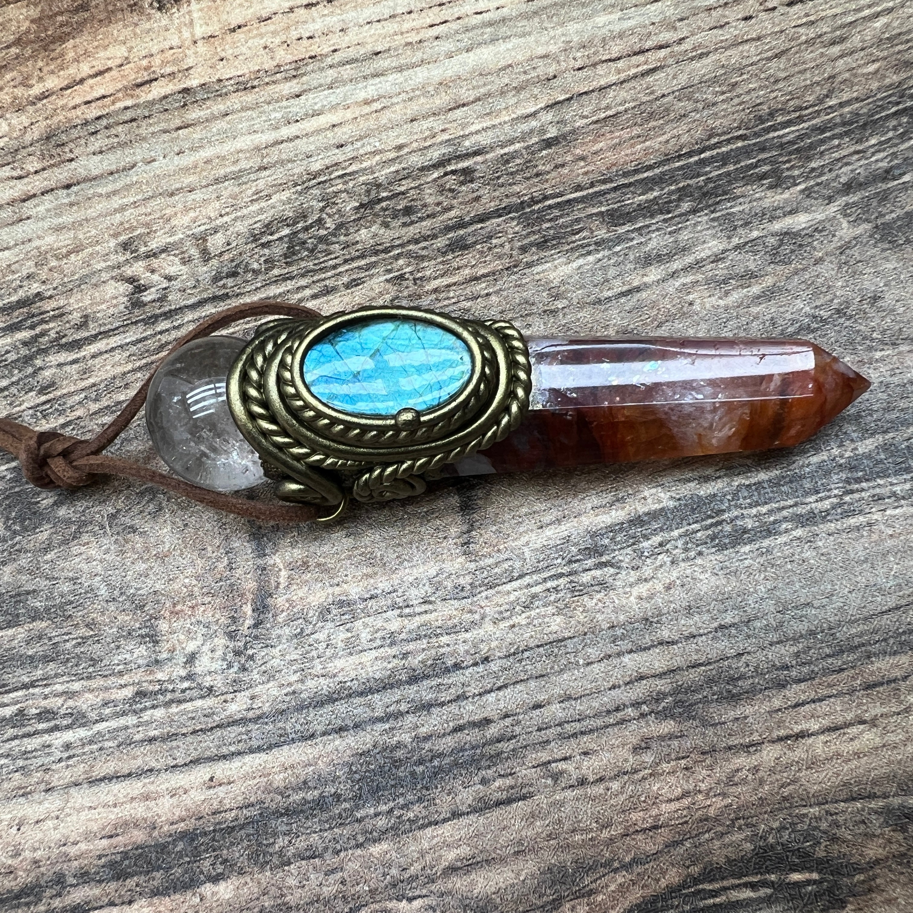 Handmade crystal jewelry Healing Crystal Wand / Protection Amulet Pendant Necklace Fire quartz tower paired with clear quartz spheres and labradorite