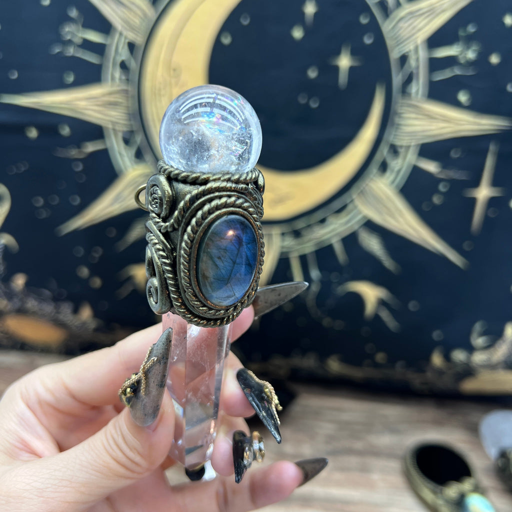 Handmade crystal jewelry Healing Crystal Wand / Protection Amulet Pendant Necklace Clear quartz tower paired with clear quartz spheres and labradorite