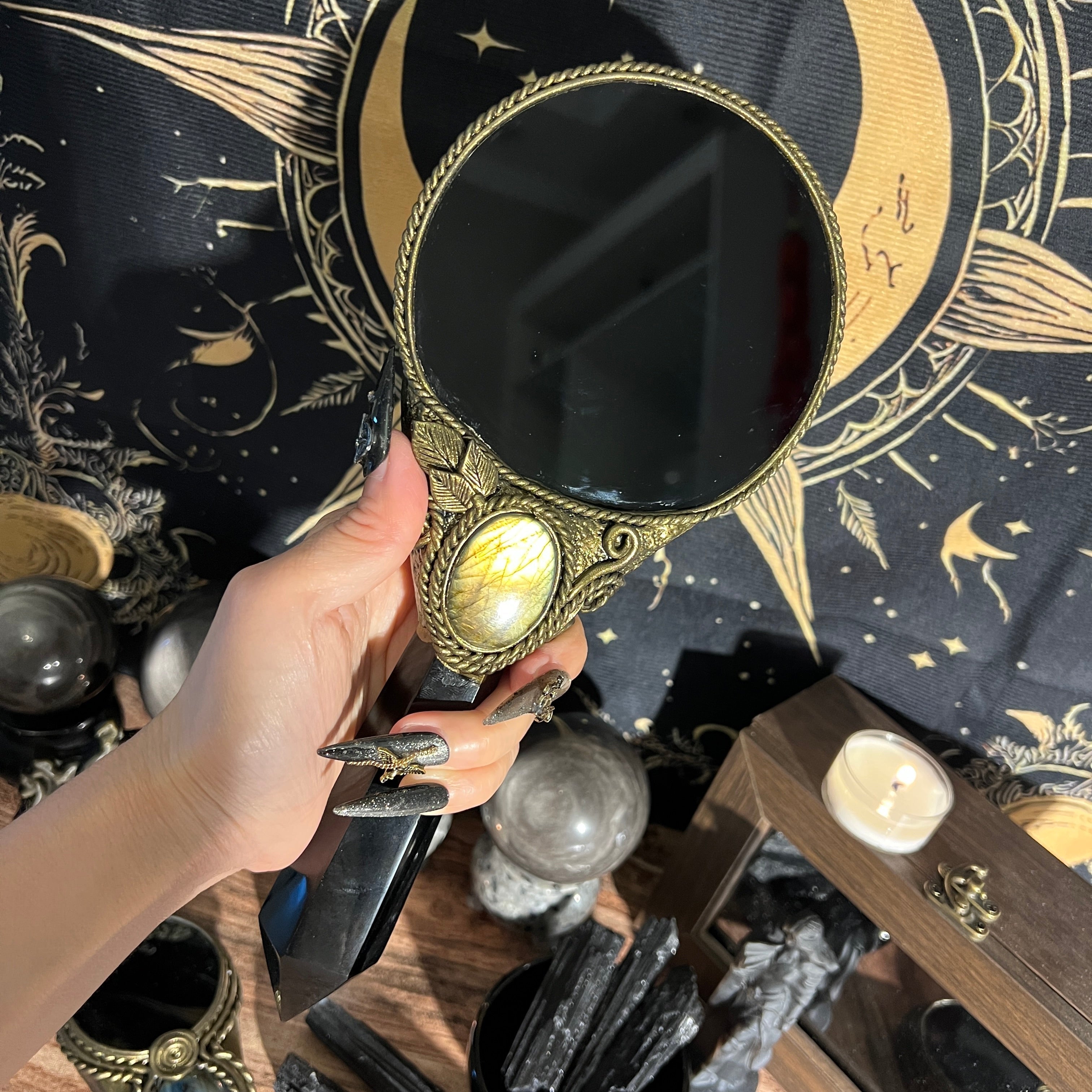 Handmade Natural Black Obsidian Scrying Mirror Wand/Magic Obsidian Witch Wand/Crystal Quartz Wand/Manifest Altar Tool