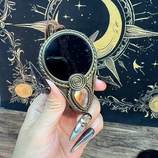 Handmade Natural Black Obsidian Scrying Mirror/Magic Obsidian Witch Mirror/Crystal Quartz Mirror/Manifest Altar Tool