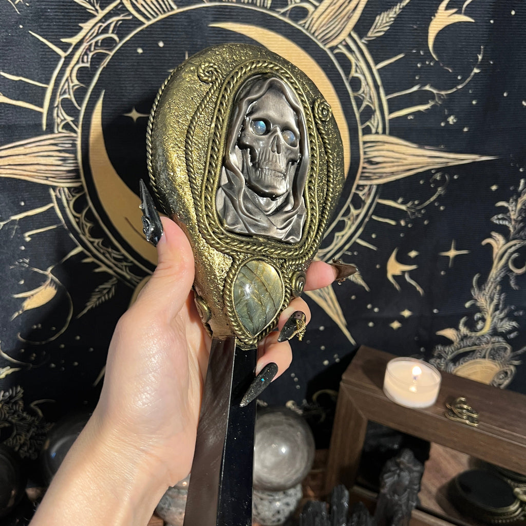 Handmade Natural Black Obsidian Scrying Mirror Wand/Magic Obsidian Witch Wand/Crystal Quartz Wand/Manifest Altar Tool