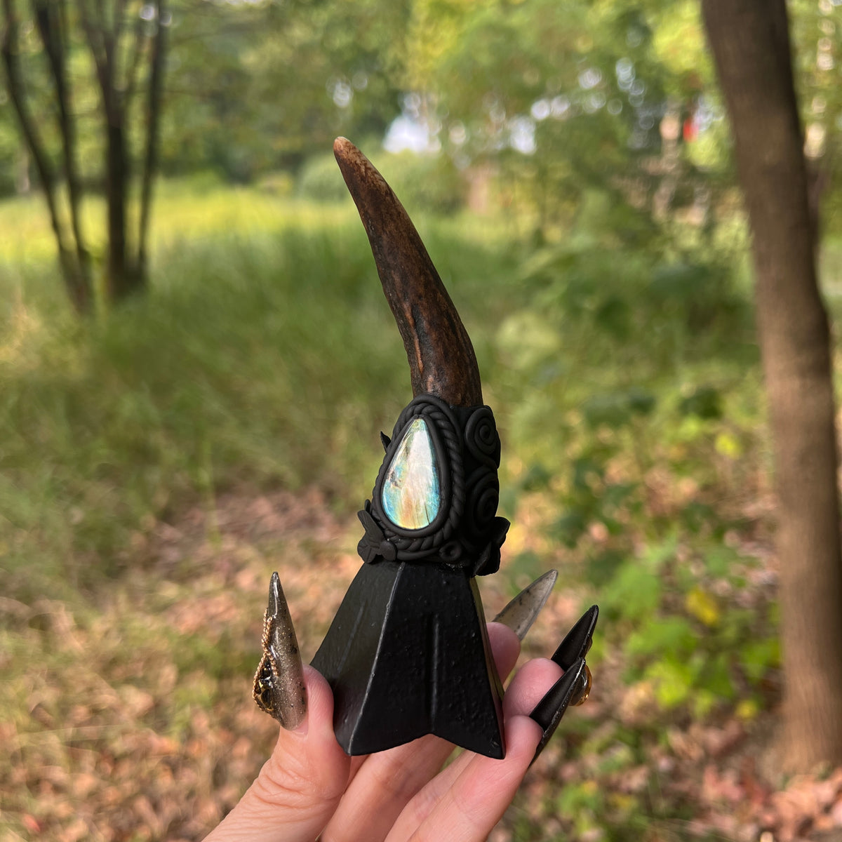 Crystal Altar Bell, Witch Hand Bell, Natural antler Wand Bell, Pagan Ritual Bell, Gothic Crystal Handbell, Handcrafted Witchy Altar Decor