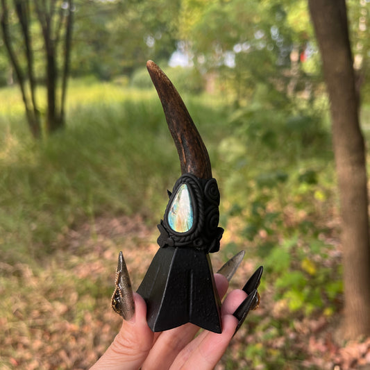 Crystal Altar Bell, Witch Hand Bell, Natural antler Wand Bell, Pagan Ritual Bell, Gothic Crystal Handbell, Handcrafted Witchy Altar Decor
