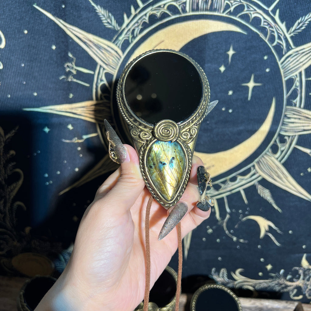 Handmade Natural Black Obsidian Scrying Mirror pendant/Magic Obsidian Witch Mirror/Crystal Quartz Mirror/Manifest Altar Tool