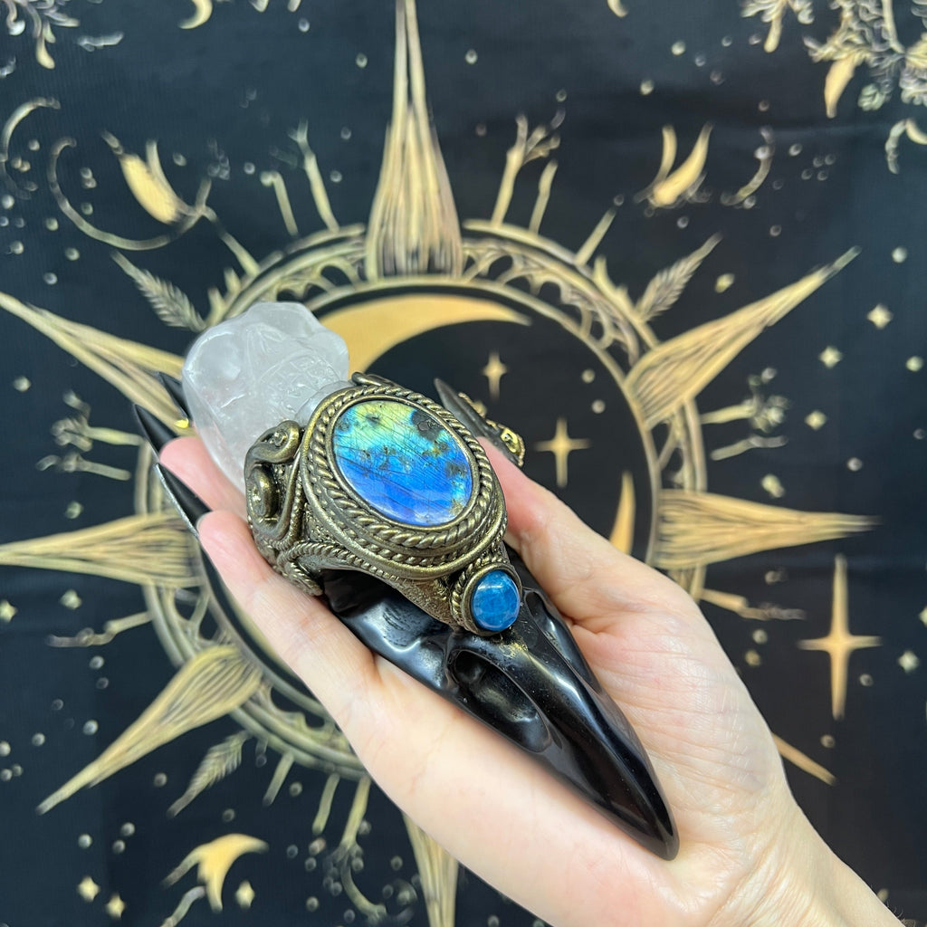 The Shadow Worker - Labradorite,Blue apatite , Carved Black Obsidian RavenSkull & Carved Clear quartz Skull Crystal AltarPiece