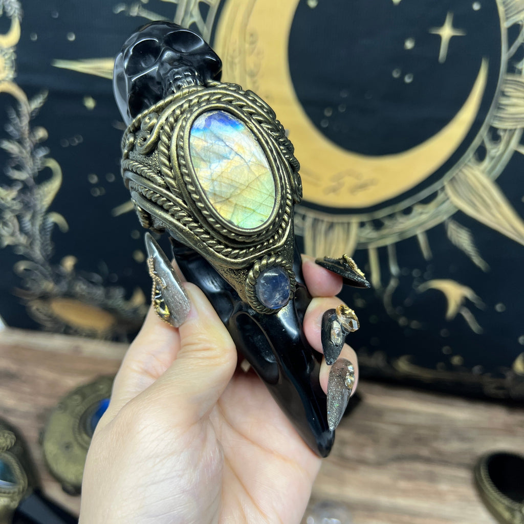 The Shadow Worker - Labradorite,moonstone , Carved Black Obsidian RavenSkull & Carved Black obsidian Skull Crystal AltarPiece
