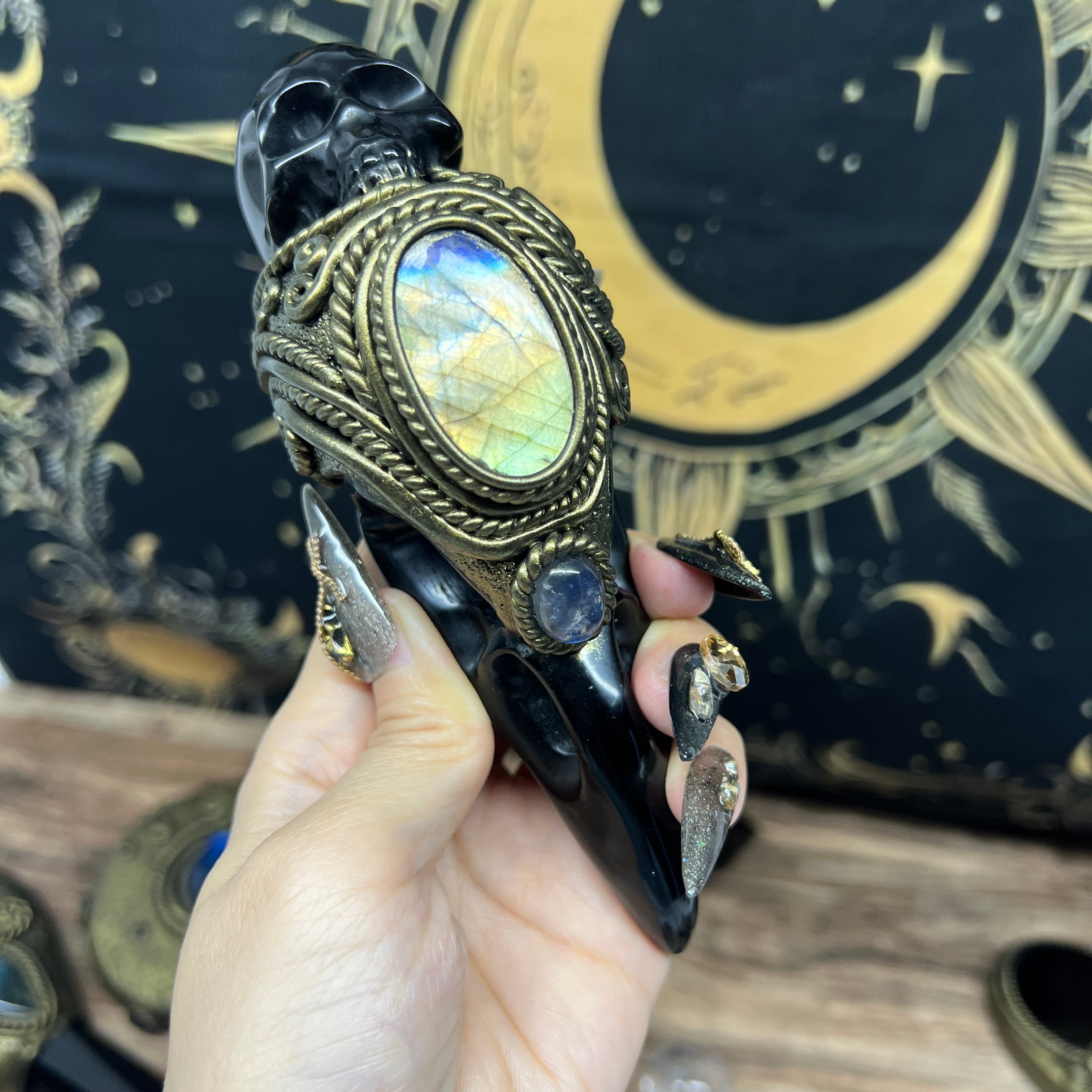 The Shadow Worker - Labradorite,moonstone , Carved Black Obsidian RavenSkull & Carved Black obsidian Skull Crystal AltarPiece
