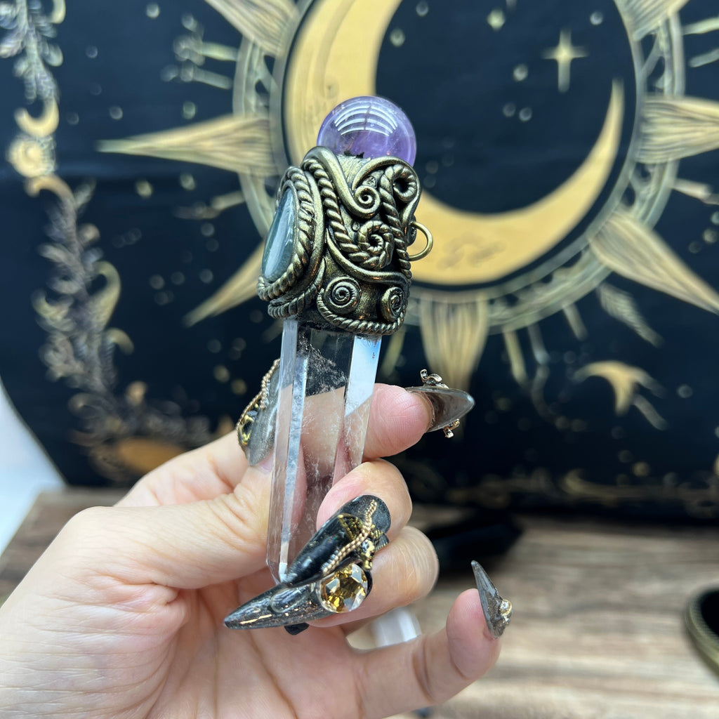 Handmade crystal jewelry Healing Crystal Wand / Protection Amulet Pendant Necklace Clear quartz tower paired with amethyst spheres and labradorite