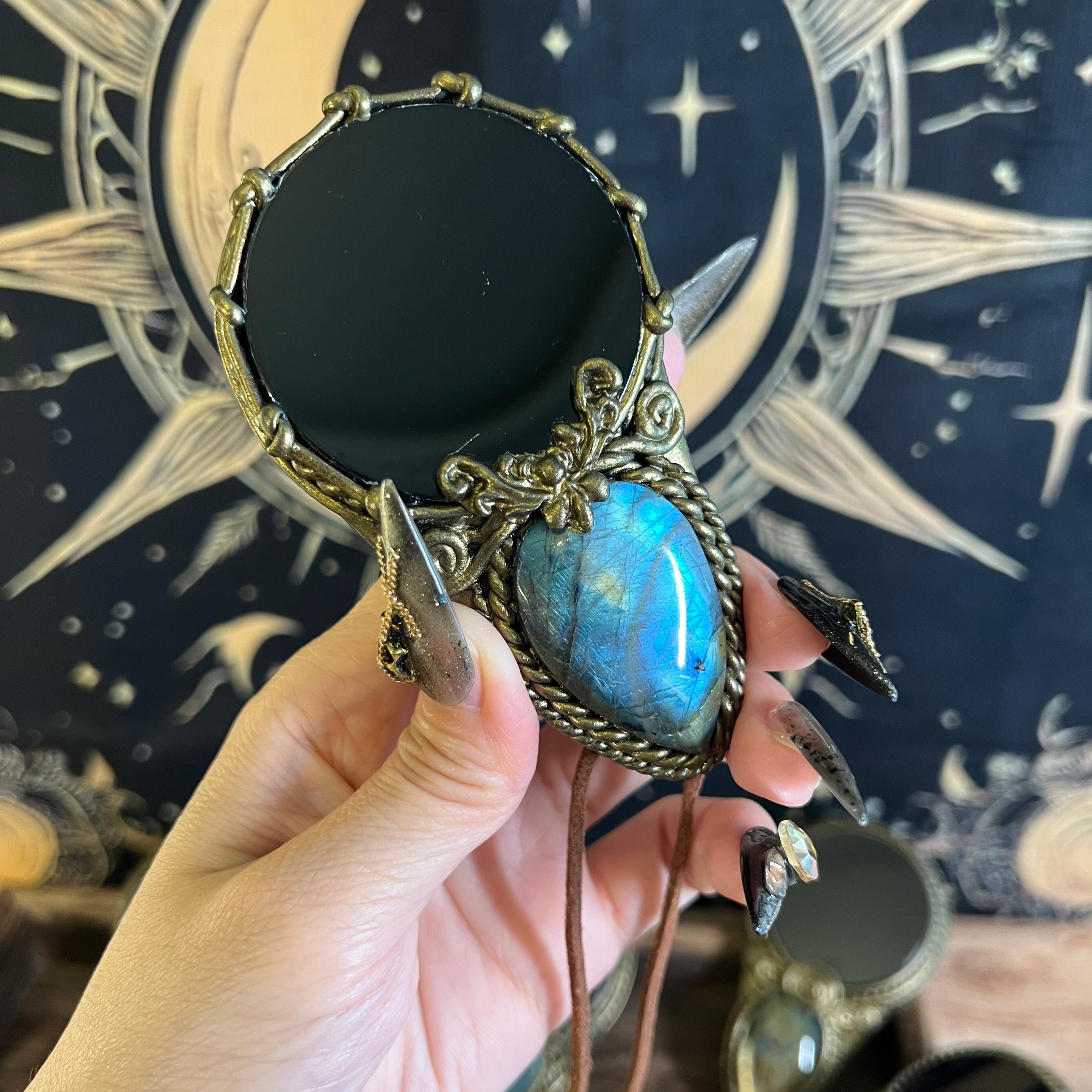 Handmade Natural Black Obsidian Scrying Mirror pendant/Magic Obsidian Witch Mirror/Crystal Quartz Mirror/Manifest Altar Tool