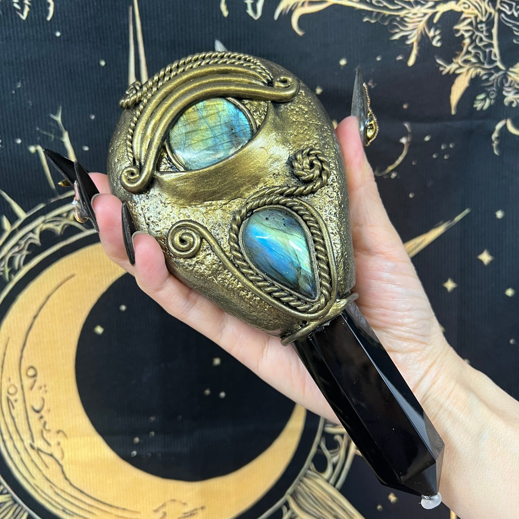 Handmade Natural Black Obsidian Scrying Mirror Wand/Magic Obsidian Witch Wand/Crystal Quartz Wand/Manifest Altar Tool