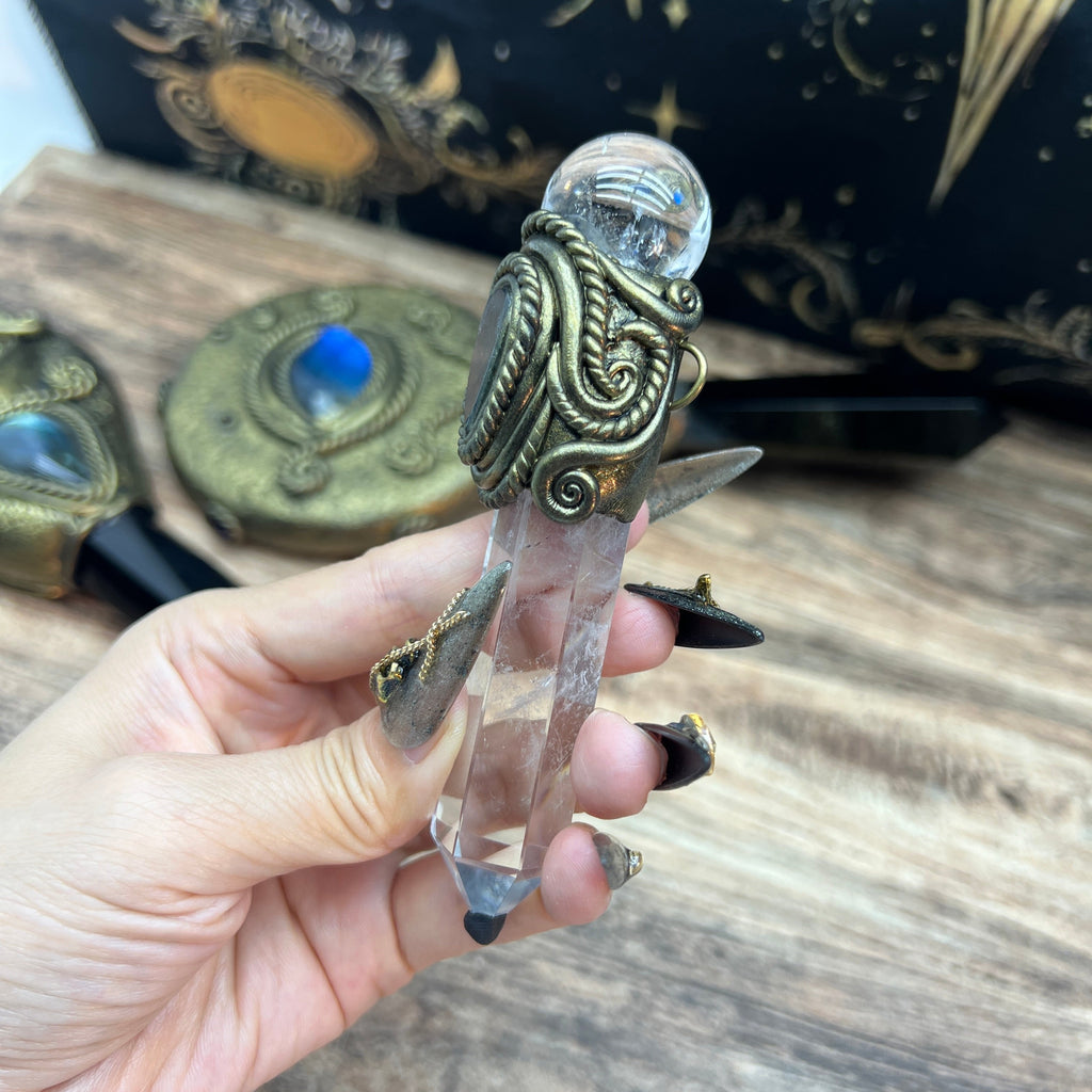 Handmade crystal jewelry Healing Crystal Wand / Protection Amulet Pendant Necklace Clear quartz tower paired with clear quartz spheres and labradorite