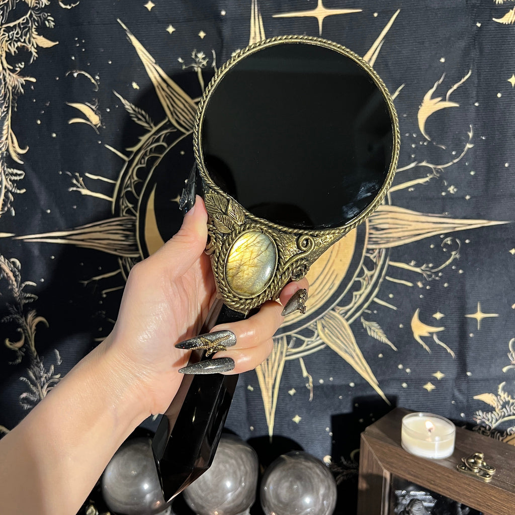 Handmade Natural Black Obsidian Scrying Mirror Wand/Magic Obsidian Witch Wand/Crystal Quartz Wand/Manifest Altar Tool