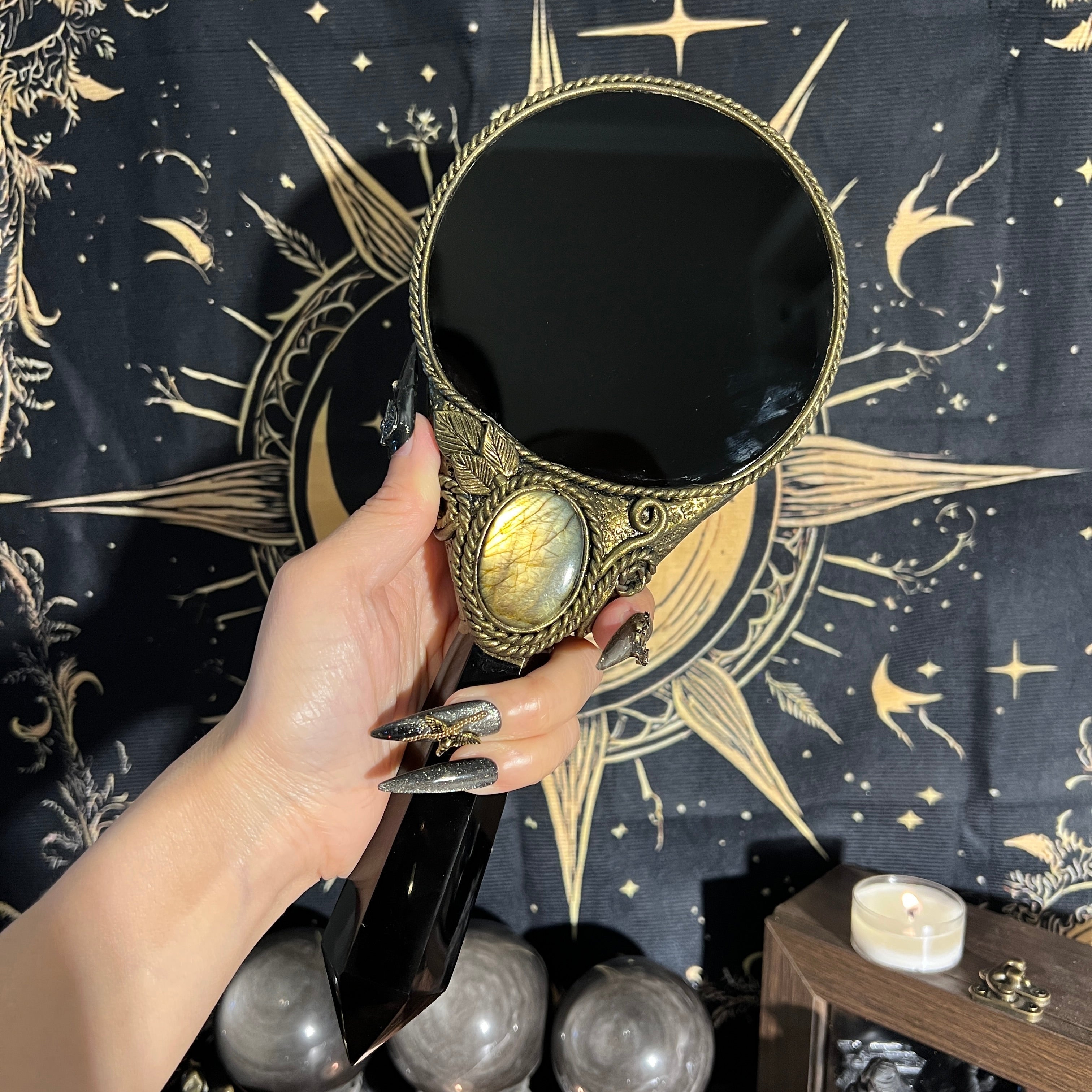 Handmade Natural Black Obsidian Scrying Mirror Wand/Magic Obsidian Witch Wand/Crystal Quartz Wand/Manifest Altar Tool