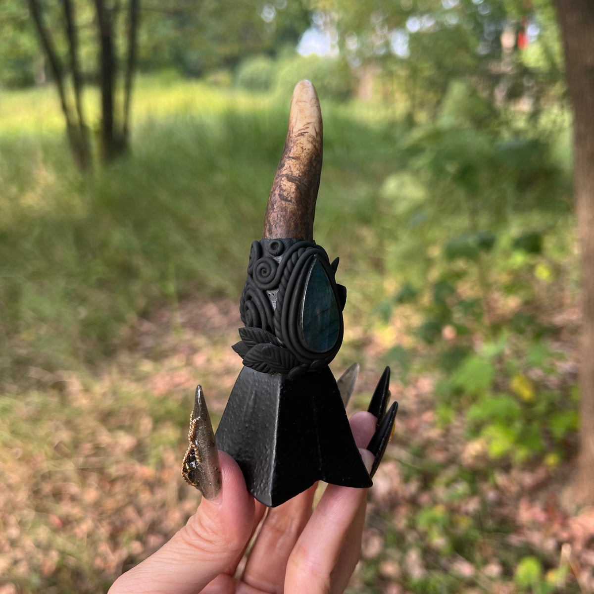 Crystal Altar Bell, Witch Hand Bell, Natural antler Wand Bell, Pagan Ritual Bell, Gothic Crystal Handbell, Handcrafted Witchy Altar Decor