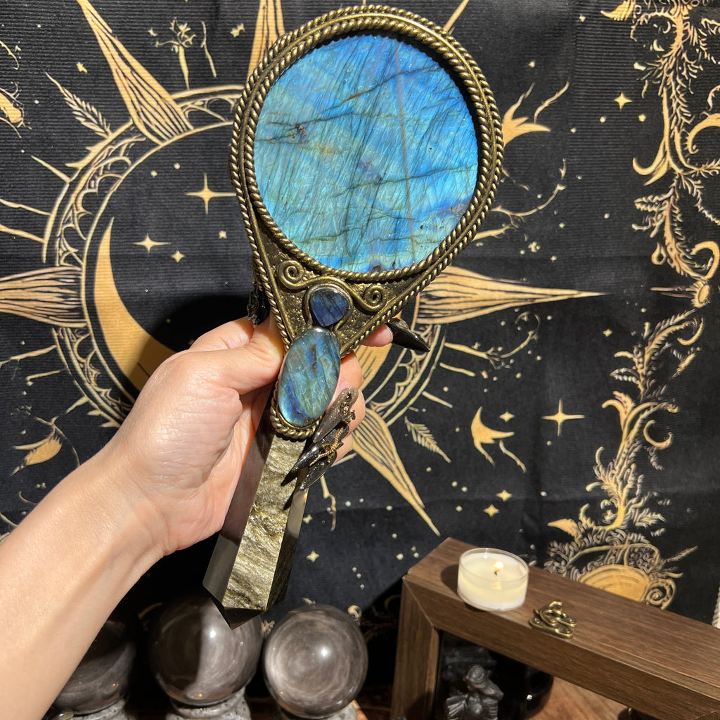 Handmade Natural Labradorite Scrying Mirror Wand/Magic Obsidian Witch Wand/Crystal Quartz Wand/Manifest Altar Tool