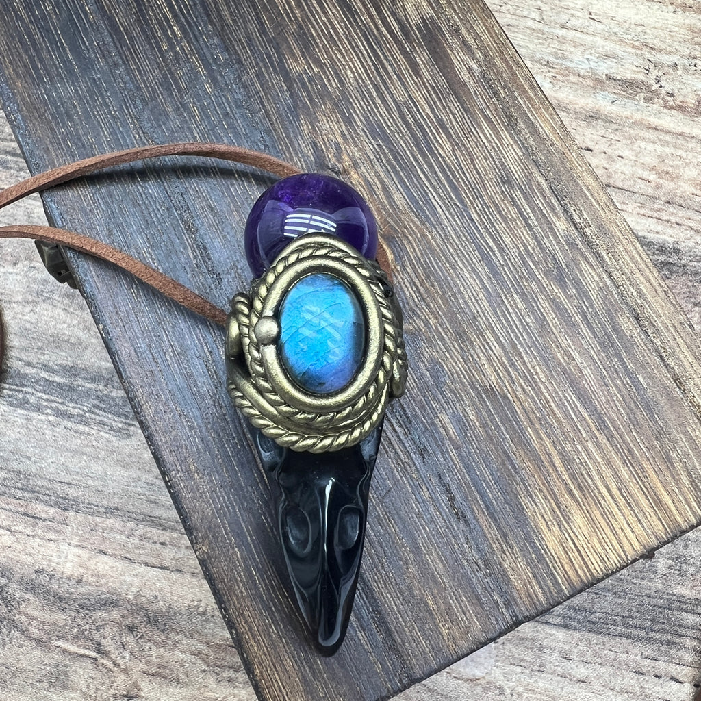 Handmade crystal jewelry~Healing Crystal Wand / Protection Amulet Pendant Necklace Labradorite,amethyst sphere , Carved Black Obsidian RavenSkull