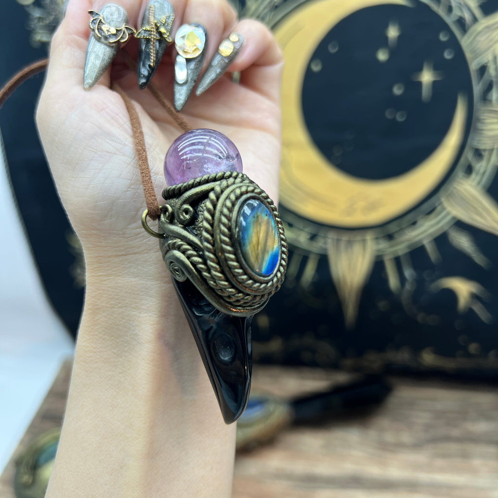 Handmade crystal jewelry~Healing Crystal Wand / Protection Amulet Pendant Necklace Labradorite,amethyst sphere , Carved Black Obsidian RavenSkull