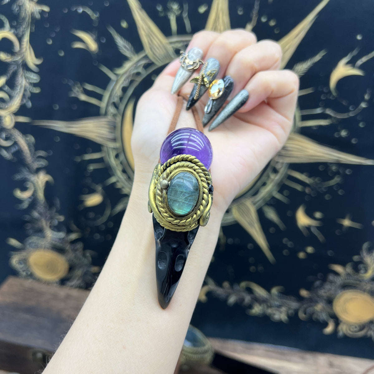 Handmade crystal jewelry~Healing Crystal Wand / Protection Amulet Pendant Necklace Labradorite,amethyst sphere , Carved Black Obsidian RavenSkull
