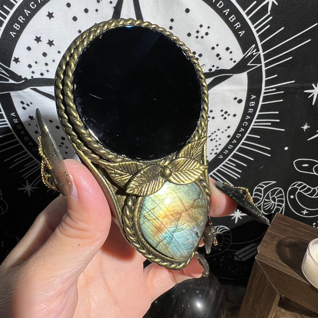 Handmade Natural Black Obsidian Scrying Mirror pendant/Magic Obsidian Witch Mirror/Crystal Quartz Mirror/Manifest Altar Tool