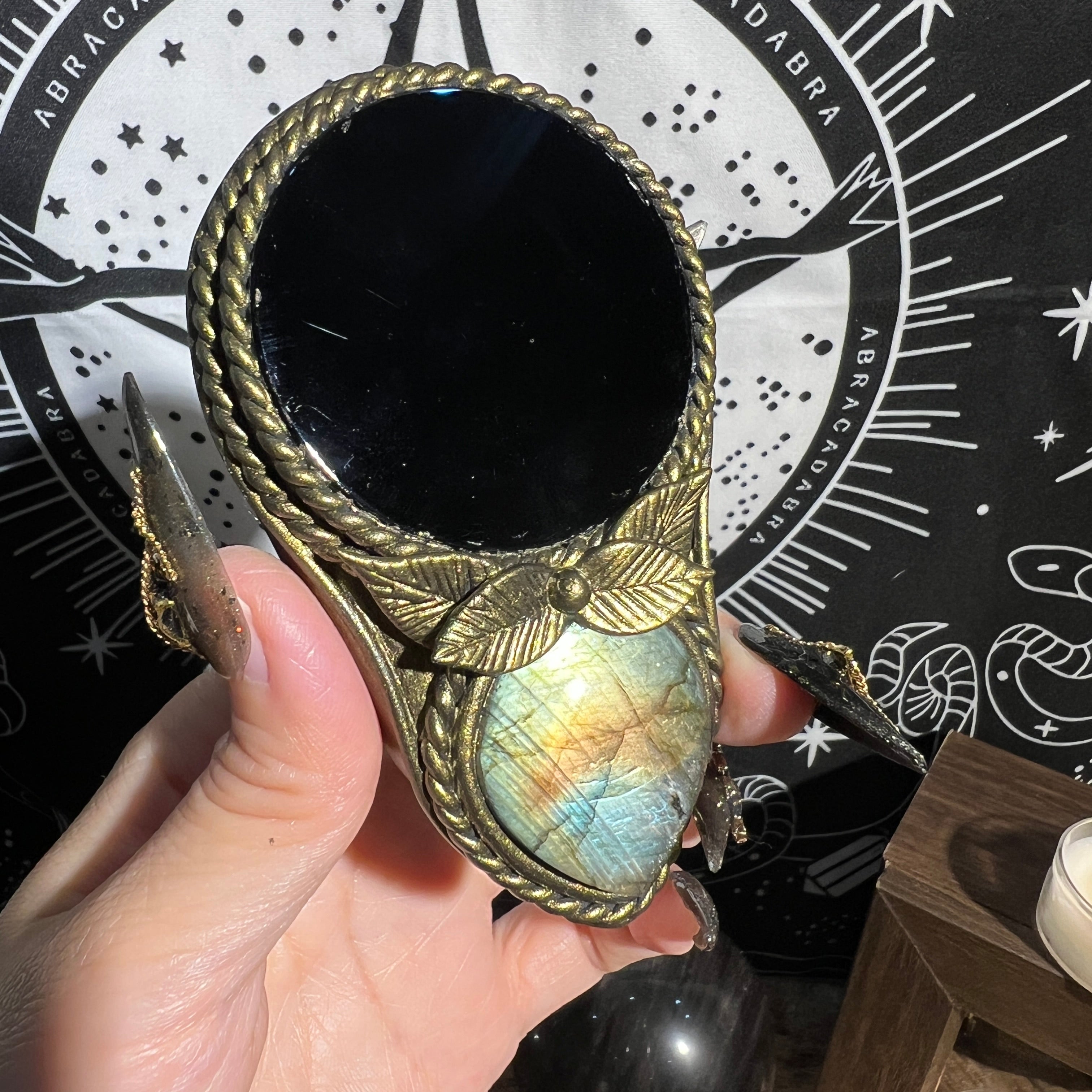 Handmade Natural Black Obsidian Scrying Mirror pendant/Magic Obsidian Witch Mirror/Crystal Quartz Mirror/Manifest Altar Tool