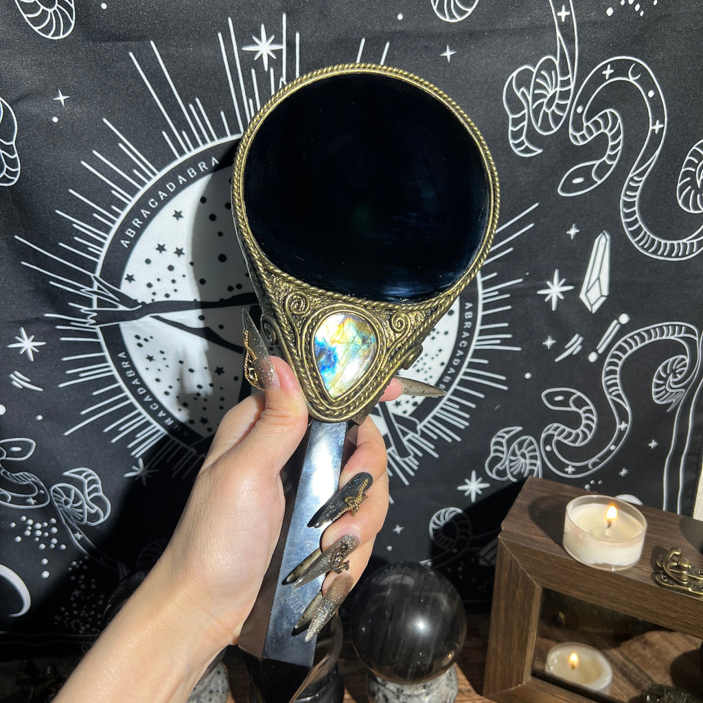 Handmade Natural Black Obsidian Scrying Mirror Wand/Magic Obsidian Witch Wand/Crystal Quartz Wand/Manifest Altar Tool