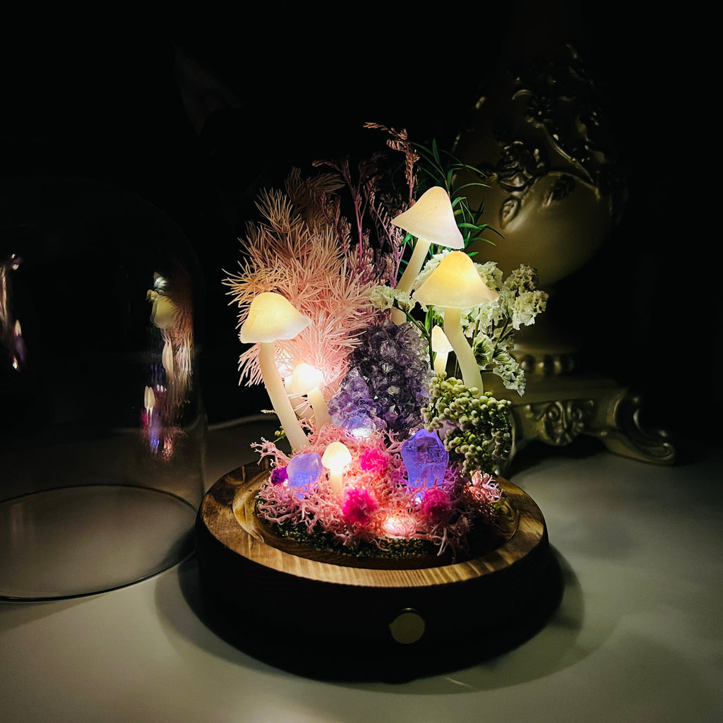 Handmade Amethyst Crystal Mushroom Lamp - Pink Enchanted Forest Night Light - Whimsical Fairy Garden Decor - Unique Gift for Her