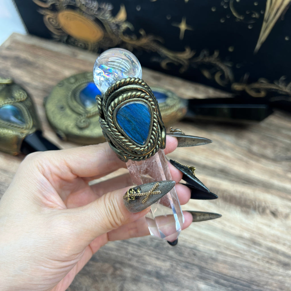 Handmade crystal jewelry Healing Crystal Wand / Protection Amulet Pendant Necklace Clear quartz tower paired with clear quartz spheres and labradorite