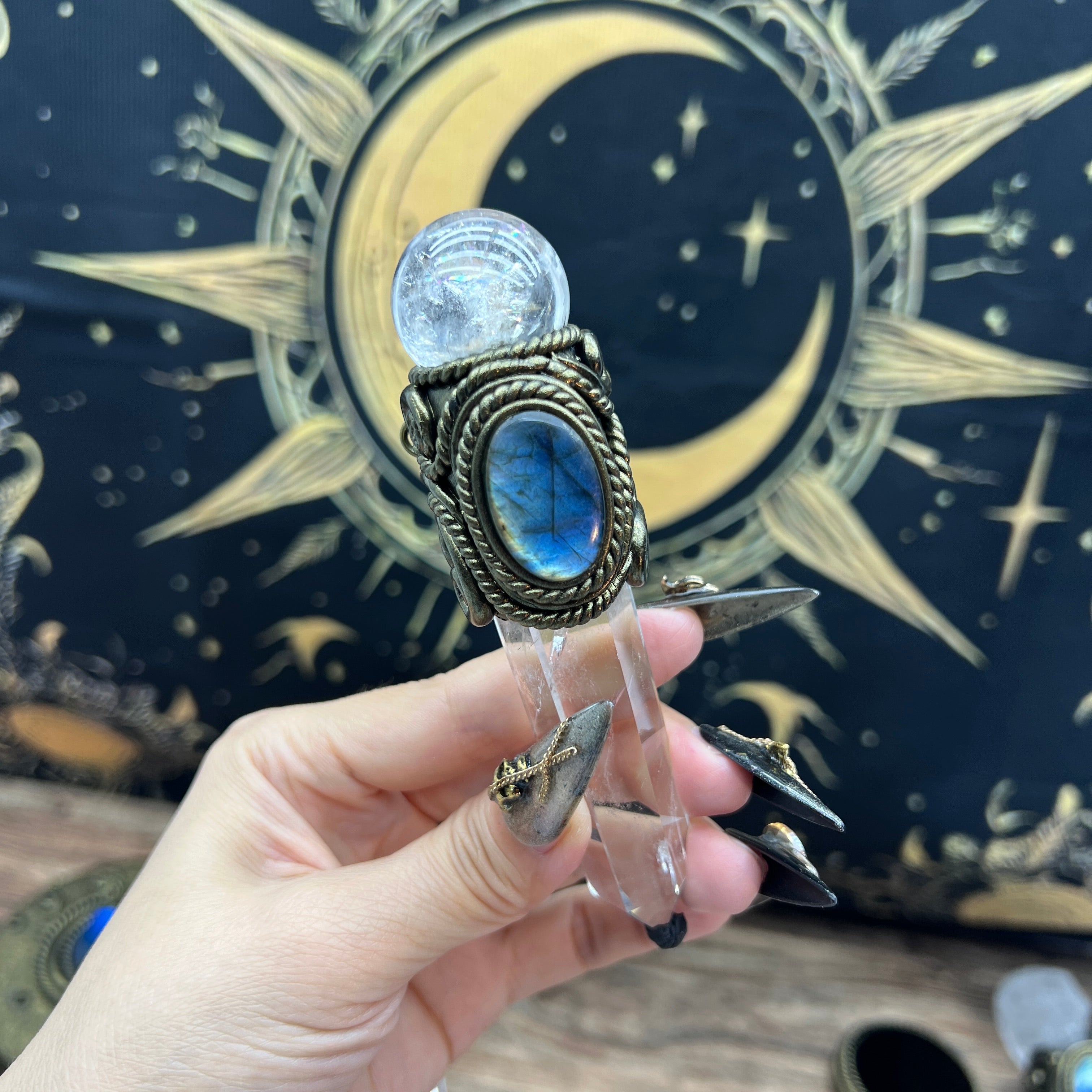 Handmade crystal jewelry Healing Crystal Wand / Protection Amulet Pendant Necklace Clear quartz tower paired with clear quartz spheres and labradorite