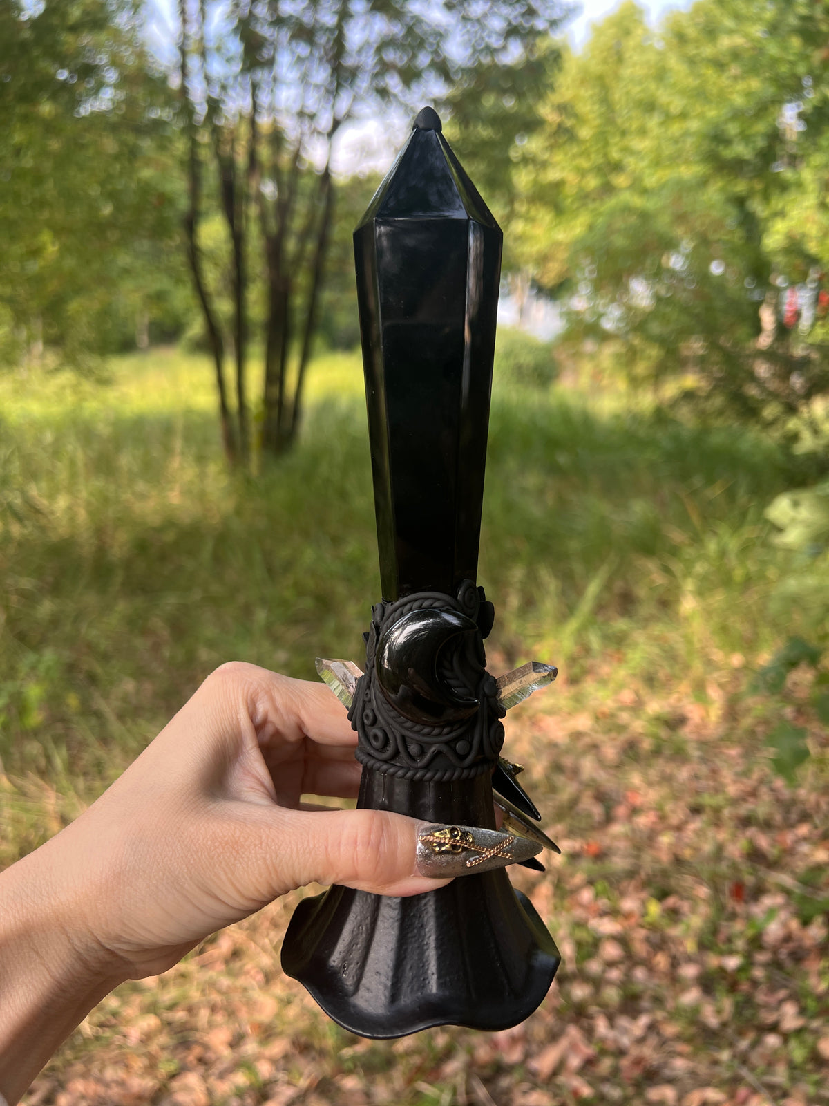 Crystal Altar Bell, Witch Hand Bell, Black obsidian Wand Bell, Pagan Ritual Bell, Gothic Crystal Handbell, Handcrafted Witchy Altar Decor