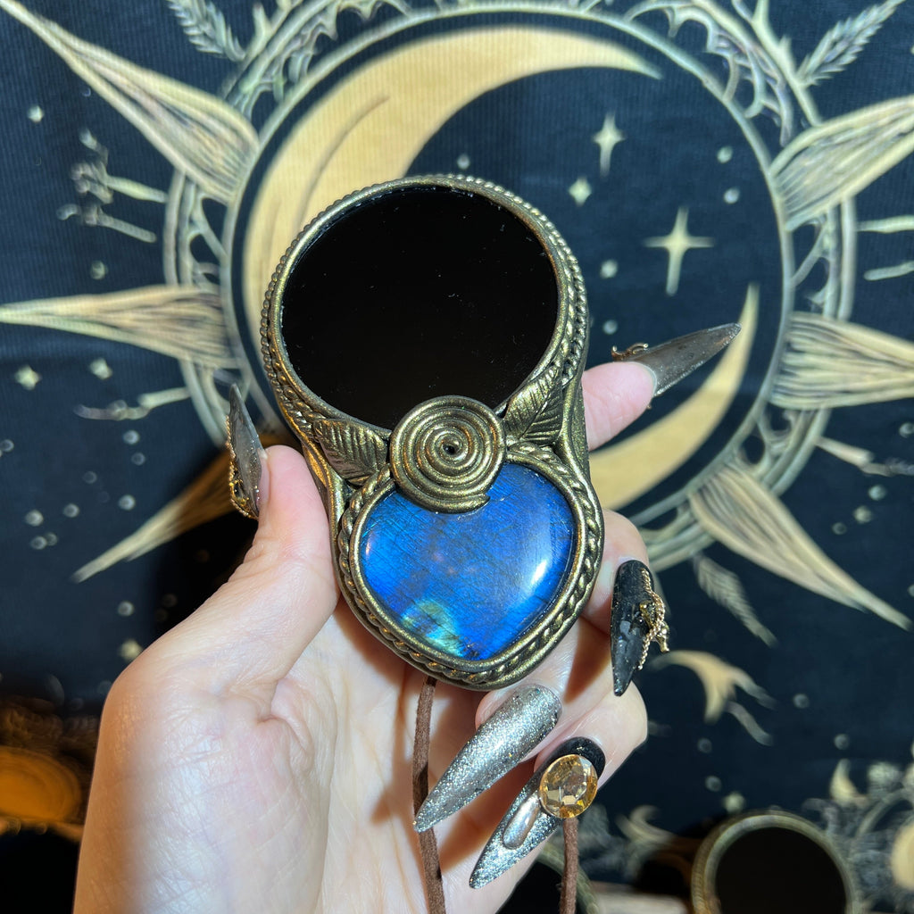 Handmade Natural Black Obsidian Scrying Mirror pendant/Magic Obsidian Witch Mirror/Crystal Quartz Mirror/Manifest Altar Tool