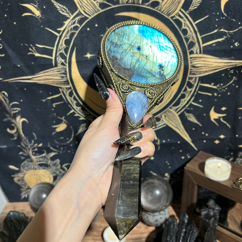 Handmade Natural Labradorite Scrying Mirror Wand/Magic Obsidian Witch Wand/Crystal Quartz Wand/Manifest Altar Tool
