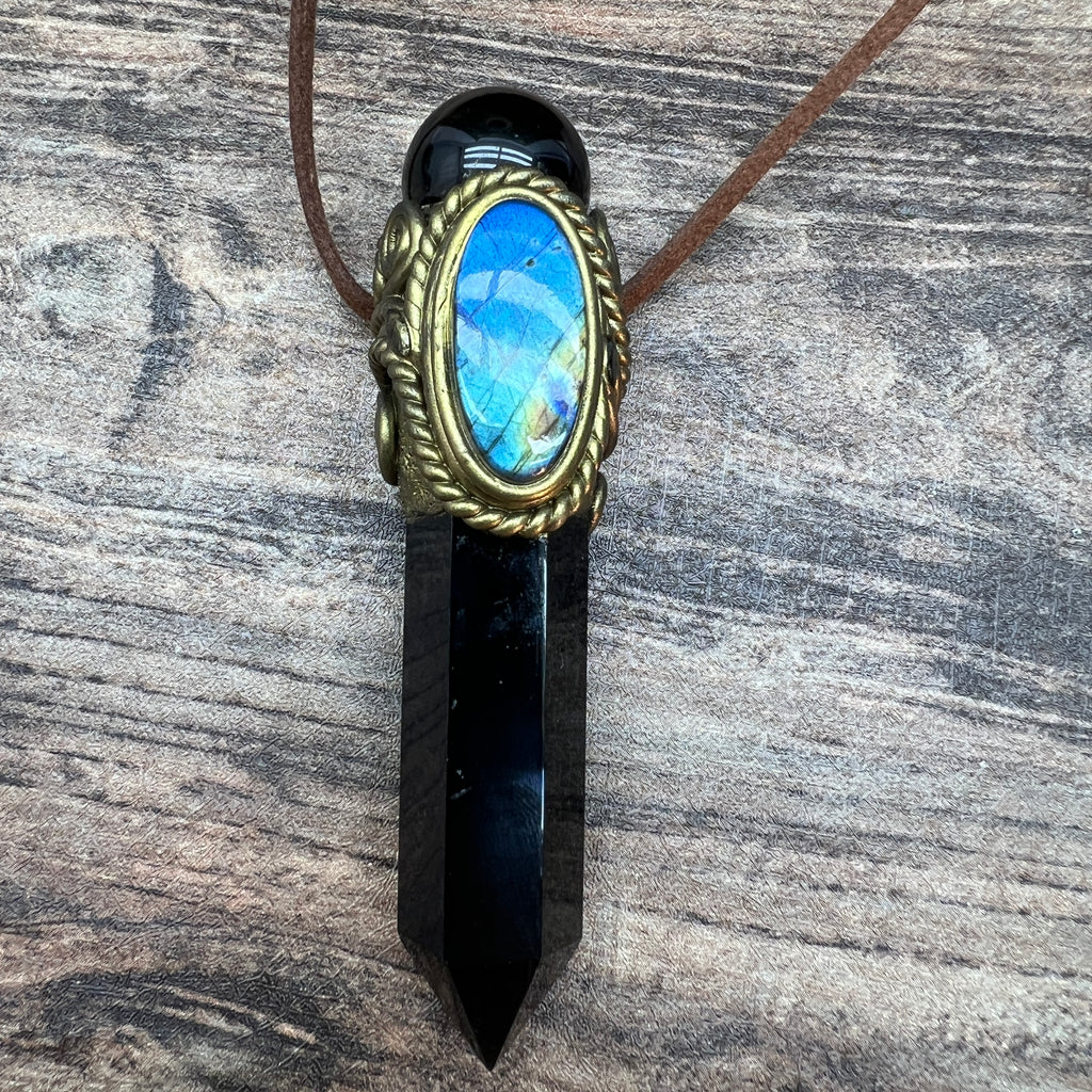 Handmade crystal jewelry Healing Crystal Wand / Protection Amulet Pendant Necklace Black obsidian tower paired with Black obsidian spheres and labradorite