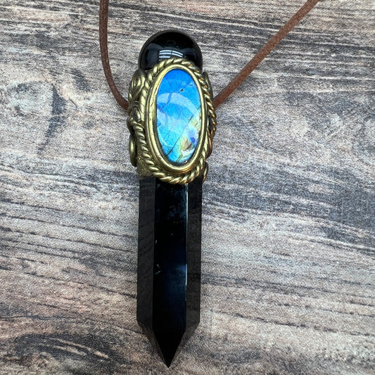 Handmade crystal jewelry Healing Crystal Wand / Protection Amulet Pendant Necklace Black obsidian tower paired with Black obsidian spheres and labradorite