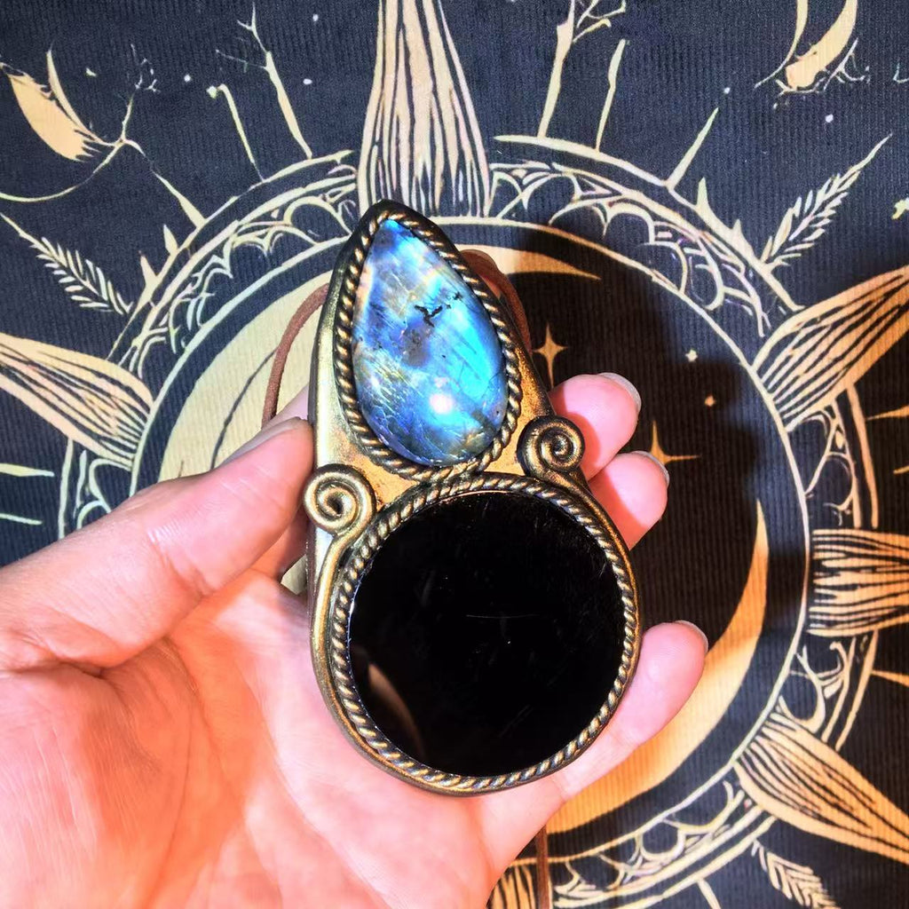 Handmade Natural Black Obsidian Scrying Mirror pendant/Magic Obsidian Witch Mirror/Crystal Quartz Mirror/Manifest Altar Tool