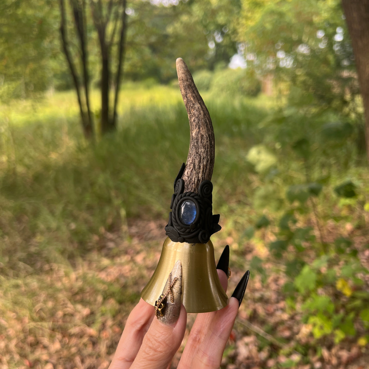 Crystal Altar Bell, Witch Hand Bell, Natural antler Wand Bell, Pagan Ritual Bell, Gothic Crystal Handbell, Handcrafted Witchy Altar Decor