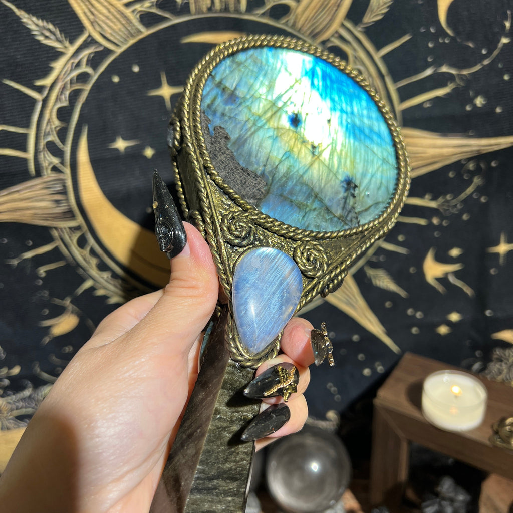 Handmade Natural Labradorite Scrying Mirror Wand/Magic Obsidian Witch Wand/Crystal Quartz Wand/Manifest Altar Tool