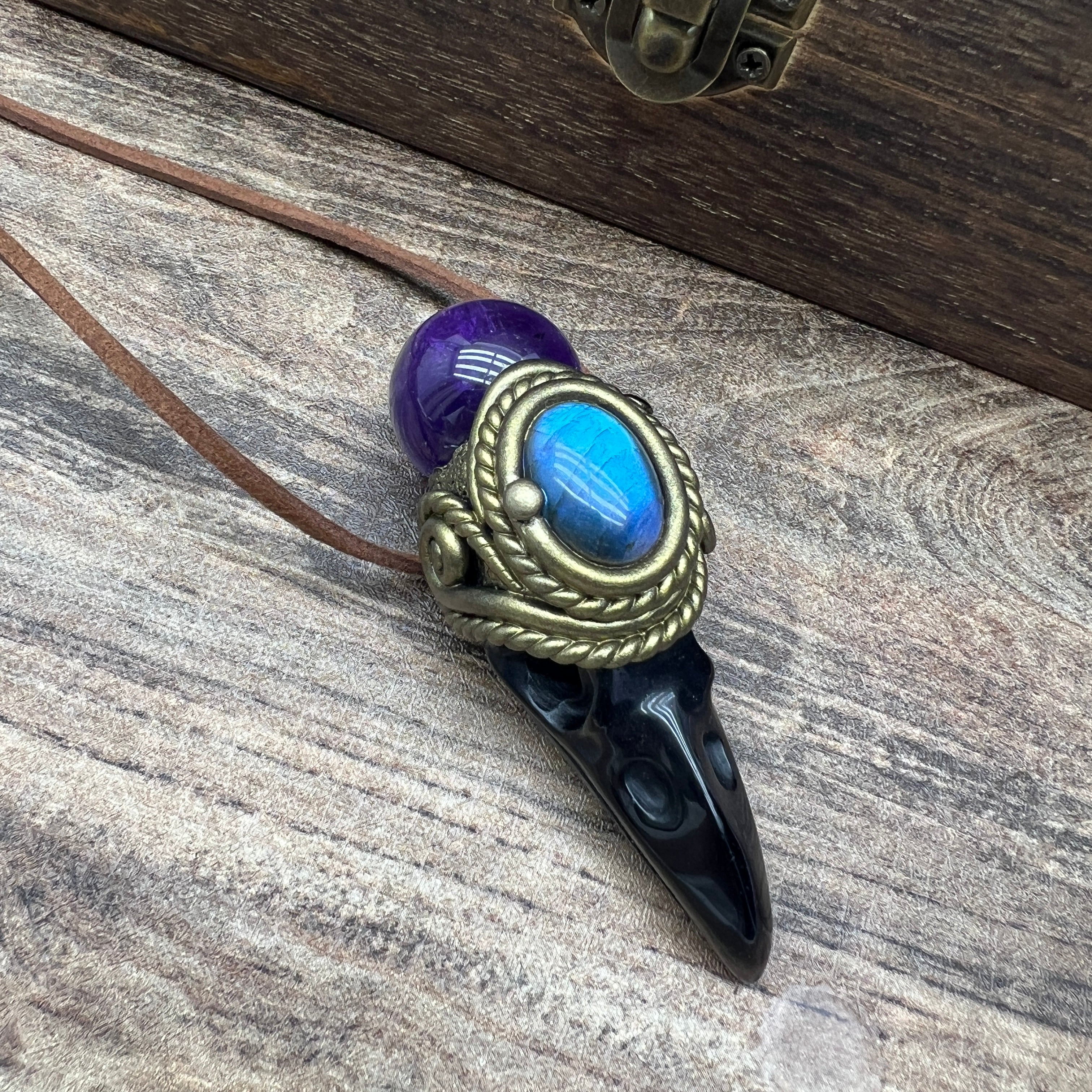 Handmade crystal jewelry~Healing Crystal Wand / Protection Amulet Pendant Necklace Labradorite,amethyst sphere , Carved Black Obsidian RavenSkull