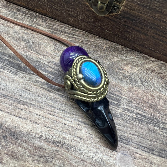 Handmade crystal jewelry~Healing Crystal Wand / Protection Amulet Pendant Necklace Labradorite,amethyst sphere , Carved Black Obsidian RavenSkull