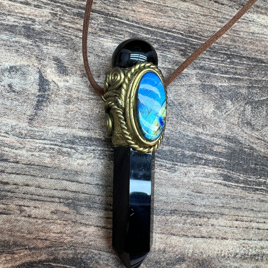 Handmade crystal jewelry Healing Crystal Wand / Protection Amulet Pendant Necklace Black obsidian tower paired with Black obsidian spheres and labradorite