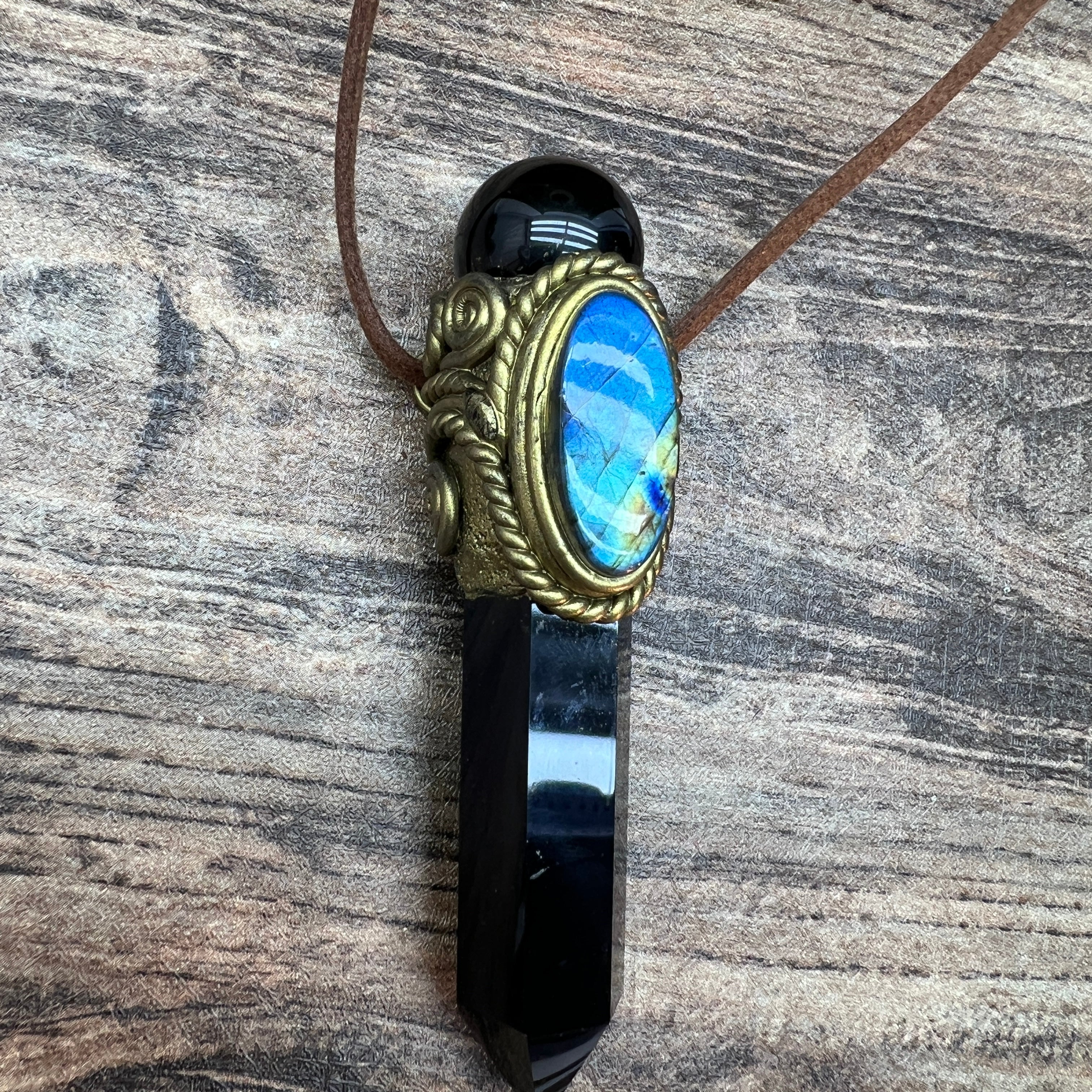 Handmade crystal jewelry Healing Crystal Wand / Protection Amulet Pendant Necklace Black obsidian tower paired with Black obsidian spheres and labradorite