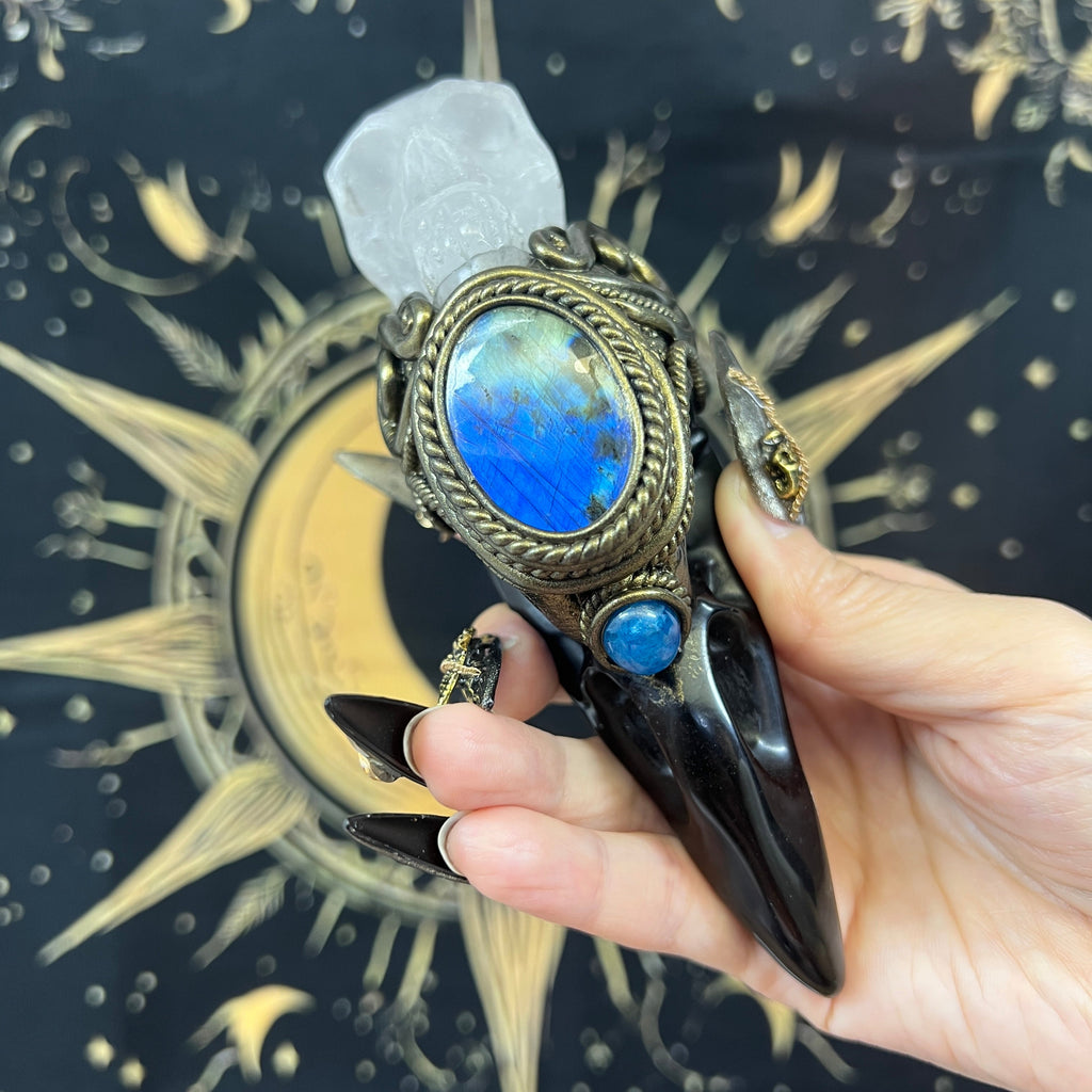 The Shadow Worker - Labradorite,Blue apatite , Carved Black Obsidian RavenSkull & Carved Clear quartz Skull Crystal AltarPiece