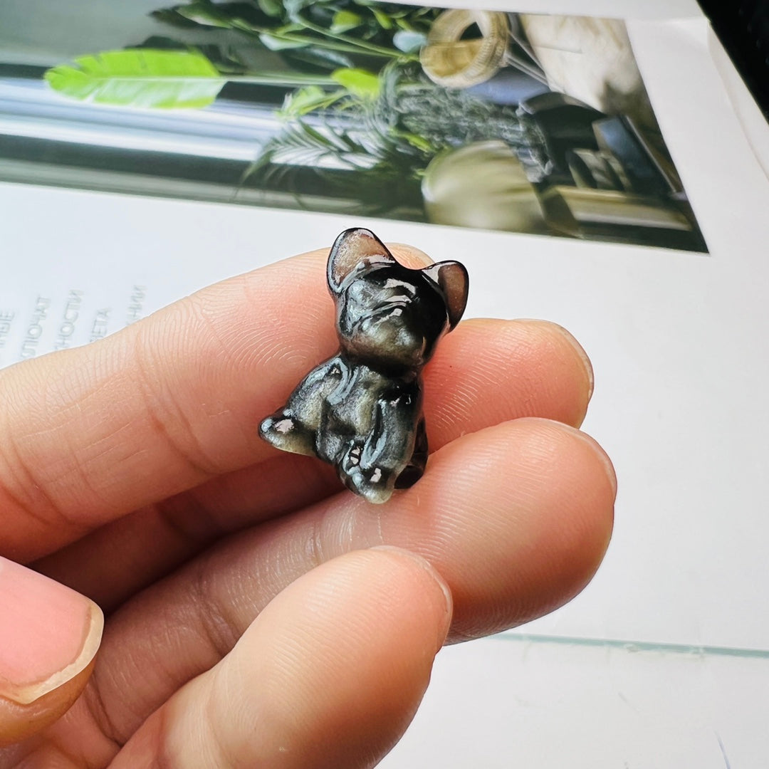 Mini Silver obsidian French Bulldog Carving crystal carving