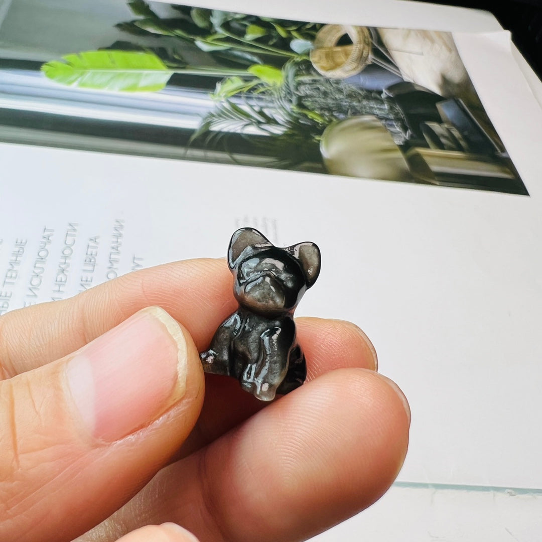 Mini Silver obsidian French Bulldog Carving crystal carving