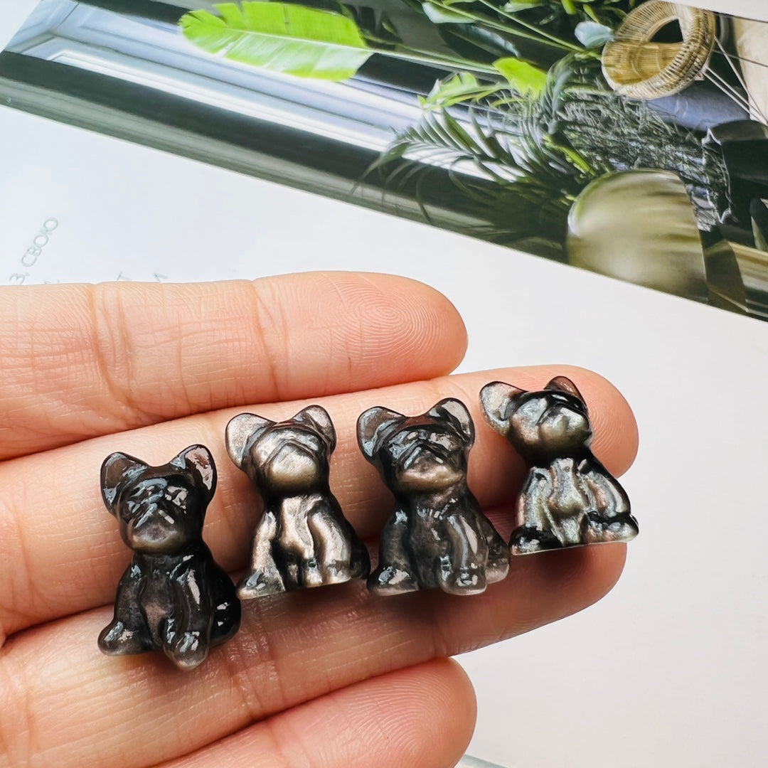 Mini Silver obsidian French Bulldog Carving crystal carving