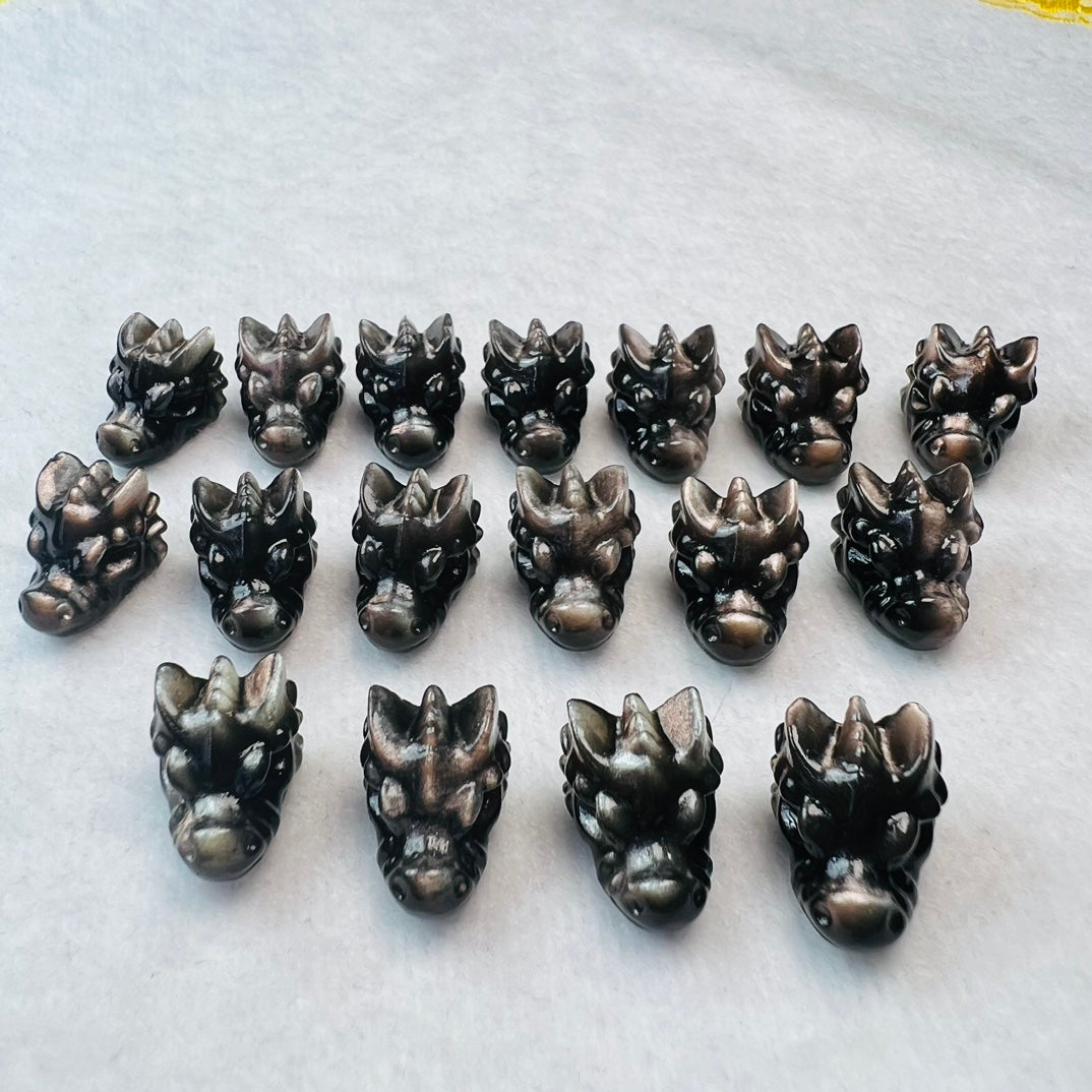 Mini Silver obsidian dragon head Carving crystal carving