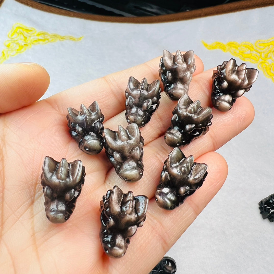 Mini Silver obsidian dragon head Carving crystal carving