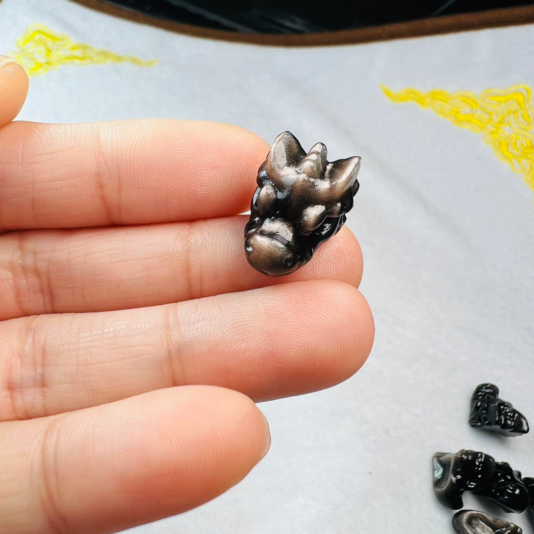 Mini Silver obsidian dragon head Carving crystal carving