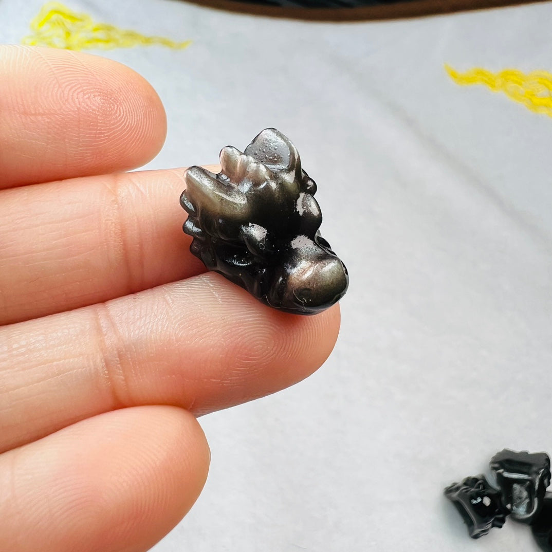 Mini Silver obsidian dragon head Carving crystal carving