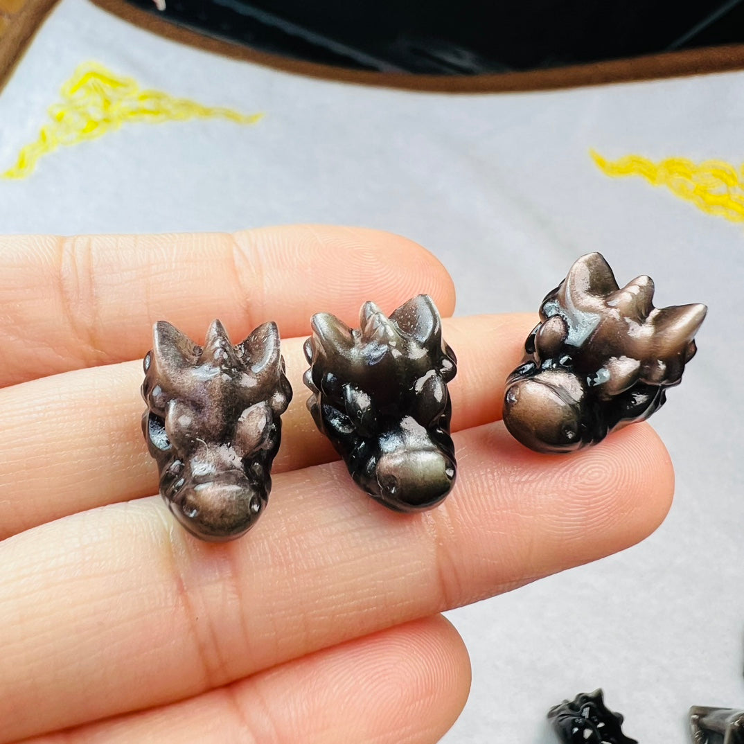 Mini Silver obsidian dragon head Carving crystal carving