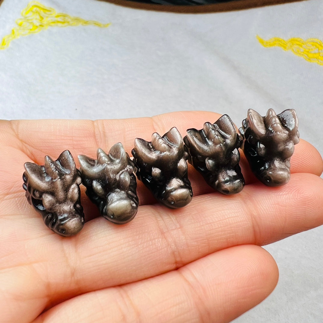 Mini Silver obsidian dragon head Carving crystal carving